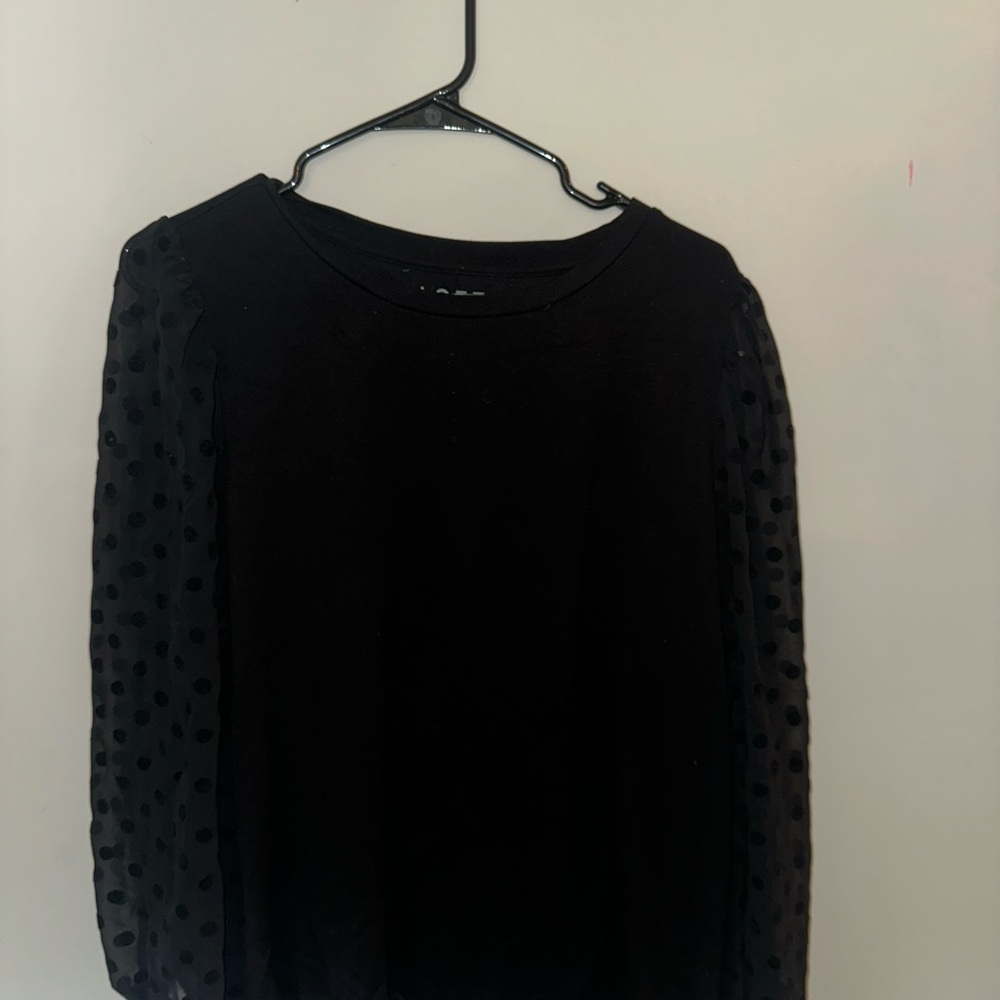 LOFT Black Blouse with Sheer Polka Dot Sleeves